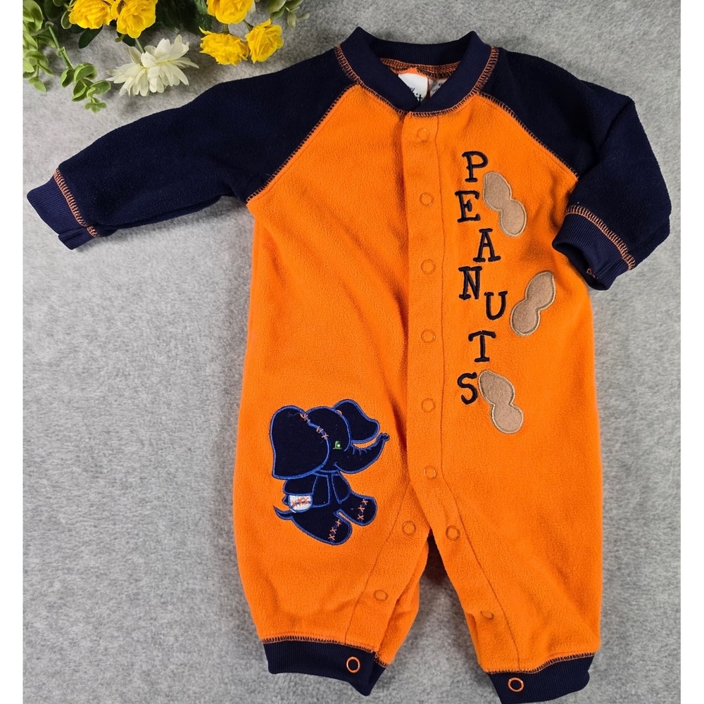 Y2K Baby UR It Fleece Romper Orange Navy Elephant Peanuts Snap Up Sleeper 0-3m
